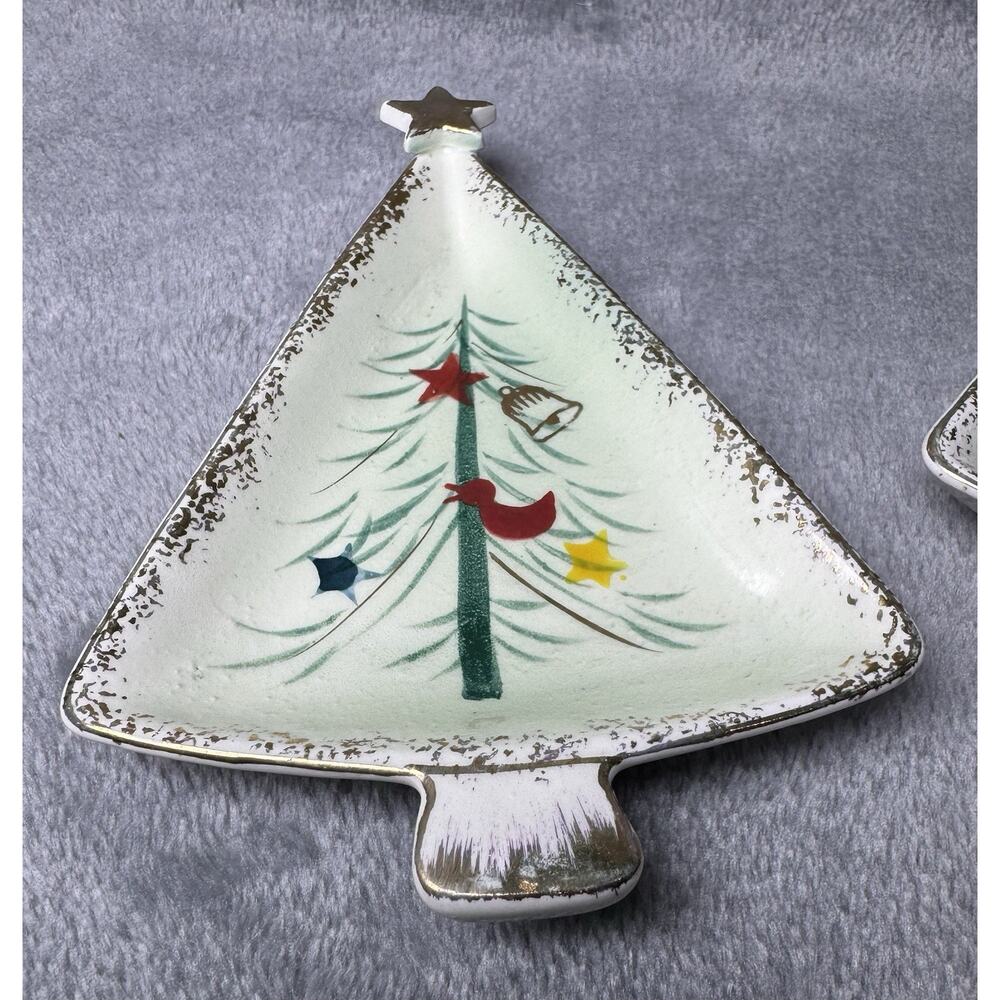 Kitchy Christmas Tree Trinket Trays Set of 2 Retro Atomic Dishes- Japan